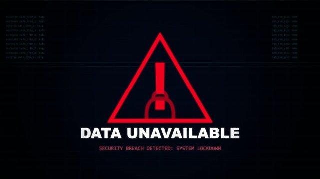 Glitchy digital alert symbol with text data unavailable, warning sign, error message, system failure, cyber attack