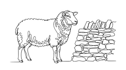 One Line Drawing Sheep and Stone Wall, Minimalist Farm Animal Illustration © Hujan