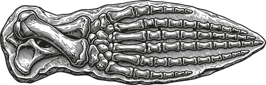 An isolated black and white illustration of a corn cob. The image features detailed texture of kernels and husk, suitable for agriculture or food-related concepts.