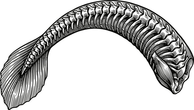 Isolated drawing of a primitive fish skeleton, side view, detailed bones and fins, vintage illustration style