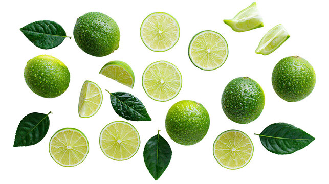 Whole limes sliced limes, and lime wedges with green leaves