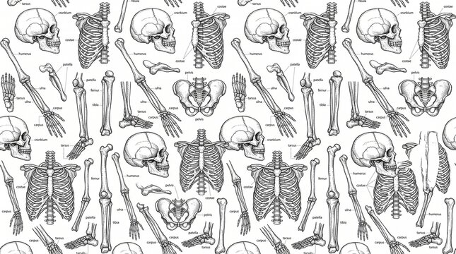 Detailed anatomical skeleton illustrations&mdash;skulls, rib cages, pelvis, arms, legs, hands, feet&mdash;arranged in a repeating pattern, symbolizing structure, biology, and educational design with precision.