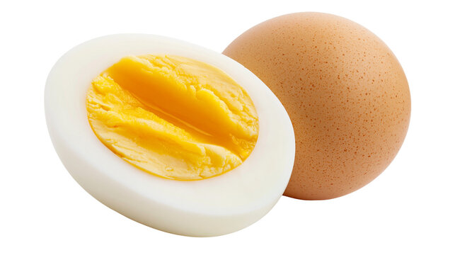 Whole brown egg and half hard-boiled egg with yellow yolk