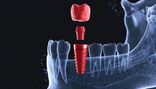 Futuristic 3D rendering of a dental implant procedure featuring a translucent glowing blue human mandible and suspended red implant components against a dark background.