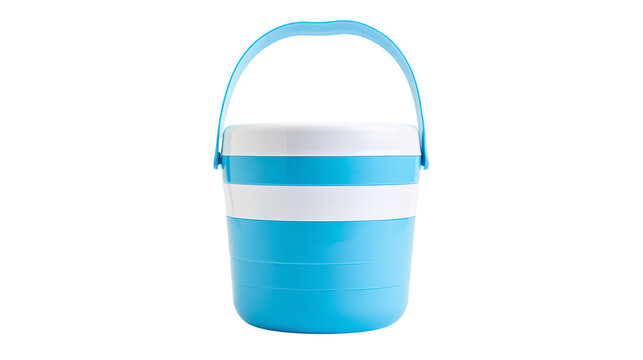 Stackable lunch box with blue and white stripes and handle