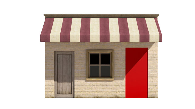 Small shop building with striped awning wooden door window, and red door
