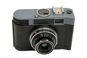 Fototapeta premium Vintage analog rangefinder camera isolated on transparent background. Old film device for manual photography. Retro equipment used for hobbyist capturing memories or classic art production.