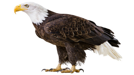Fototapeta premium Bald eagle with white head and brown body standing on white