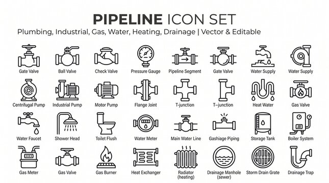 Line‑style plumbing icons&mdash;pipes, valves, gauges, fittings, pumps&mdash;arranged in a clean grid, symbolizing water systems, industrial pipelines, and maintenance with clarity and technical precision.