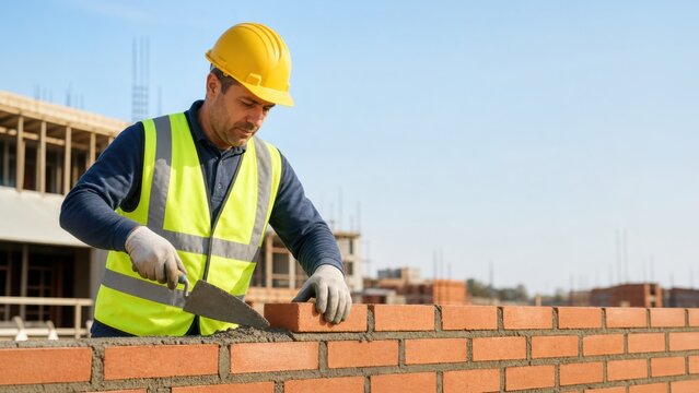 A construction worker in a safety helmet and vest carefully laying bricks on a building site under clear skies.