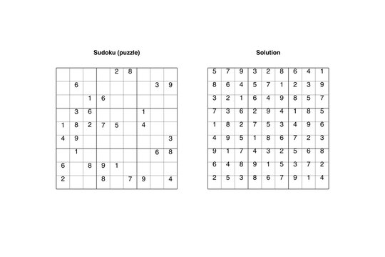Easy Sudoku 9x9 Puzzle with Answers on White Background