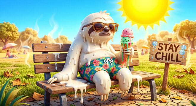 Cute anthropomorphic sloth with exhausted mood melting like vanilla ice cream on a park bench while holding a cone with STAY CHILL sign against scorching outdoor background