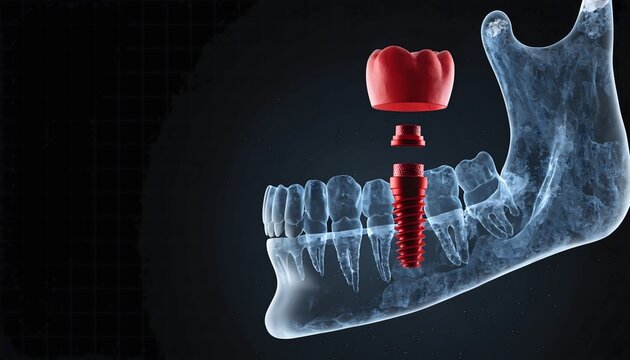 Futuristic 3D rendering of a dental implant procedure featuring a translucent glowing blue human mandible and suspended red implant components against a dark background.