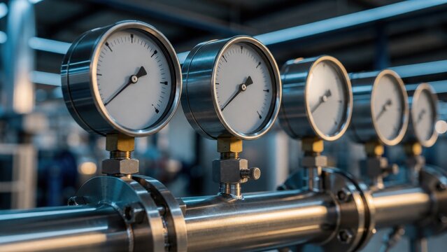 A row of industrial pressure gauges attached to metal pipes, indicating measurements in a controlled environment.