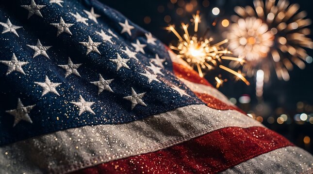 A close-up shot of a textured American flag covered in sparkling glitter and water droplets, with a burning sparkler and blurred festive fireworks illuminating the dark background.
