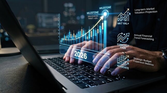 Business professional analyzing financial data on a laptop with digital graphs and charts showcasing projections and forecasts for market trends in 2026.