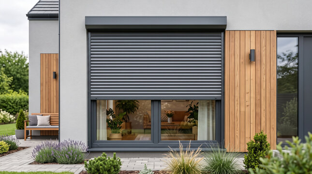 Modern house exterior with a grey roller shutter and wooden wall