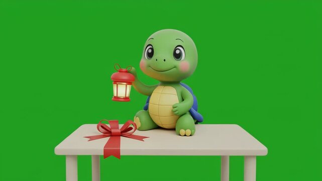 Cute cartoon turtle character with gift box and lantern on table green screen background