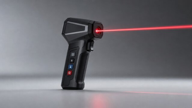 A black handheld laser gun emitting a bright red laser beam on a grey background.