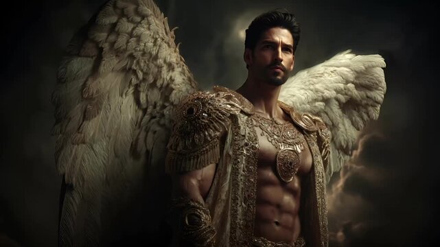 Fantasy, mysterious, wallpaper. A dramatic portrayal of an angel, set against a stormy sky. The angel wears ornate, golden armor with intricate designs and patterns. Large, white.