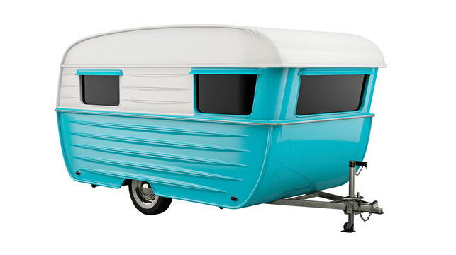 Retro turquoise and white travel trailer with horizontal siding
