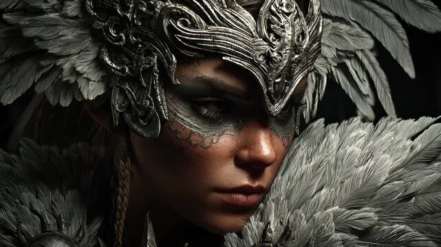 Fantasy, mysterious, wallpaper. A closeup portrait of a person wearing ornate, silvertoned, feathered headdress. The headdress is intricately designed with swirling patterns and detailed feathers.