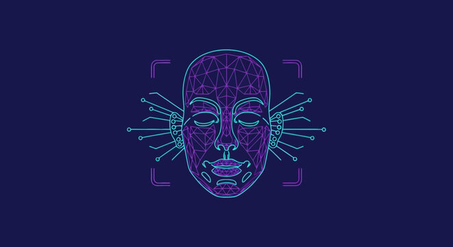 Digital human face with facial recognition and biometric scan lines
