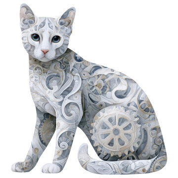Cat with a design of gears and patterns in gray colors sitting on a flat surface