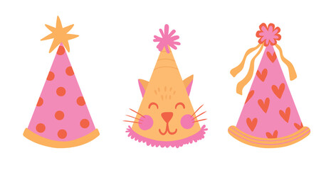 Fototapeta premium Kawaii Birthday Party Hat Collection. Cute hand drawn pink celebration cone set with cat, heart and polka dot design for kids festive scrapbook and collage