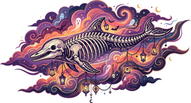 Dolphin skeleton swims through colorful clouds adorned with glowing.