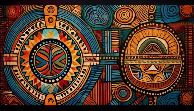 african cultural pattern featuring tribal symbols traditional motifs a vibrant ethnic mosaic and a textured black background