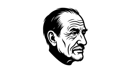 Elderly Man Profile Portrait, Vintage Style, Wrinkled Face, Moustache, Black and White Illustration © fery_art