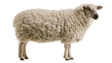 Naklejka premium Fluffy white sheep with thick wool standing profile