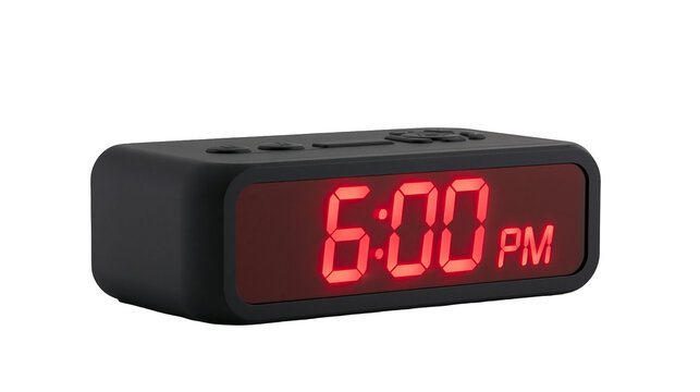 Black digital alarm clock showing 6 00 PM with red LED display