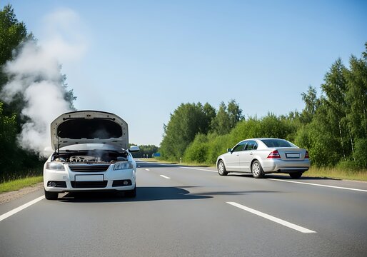 Overheated Car with Open Hood Smoking on a Rural Road Shoulder