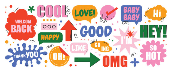 Obraz premium Speech bubble sticker vector set with retro typography, playful chat phrases, comic labels, arrows, splashes and cute doodle graphic elements