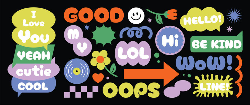 Speech bubble sticker vector set with colorful retro labels, playful typography, chat phrases, cute doodles and pop art graphic elements on dark background