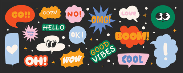 Fototapeta premium Speech bubble sticker vector set with colorful retro labels, playful typography, chat phrases, cute doodles and pop art graphic elements on dark background