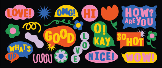 Fototapeta premium Speech bubble sticker vector set with colorful retro labels, playful typography, chat phrases, cute doodles and pop art graphic elements on dark background