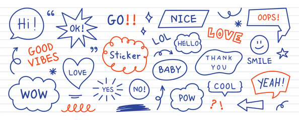 Fototapeta premium Doodle speech bubble vector sticker set with hand drawn chat phrases, notebook line art, cute quotes, arrows, hearts and comic icons
