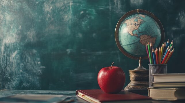 Classroom globe apple books pencils chalkboard. Possible use Education stock photography