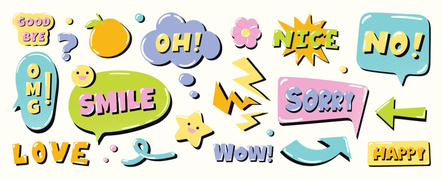 Speech bubble sticker vector set with retro typography, playful chat phrases, comic labels, arrows, splashes and cute doodle graphic elements