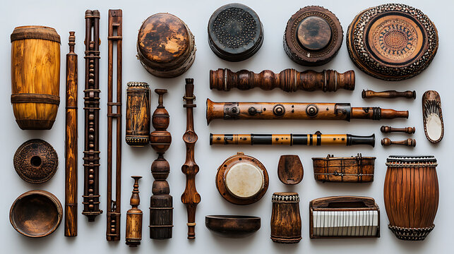A diverse collection of traditional musical instruments &ndash; a flute, a drum, a stringed instrument &ndash; arranged artfully against a stark white backdrop under professional studio lighting, highlighting 