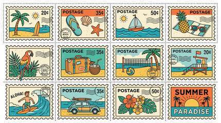 Vintage Tropical Summer Vacation Stamps Collection © afgan