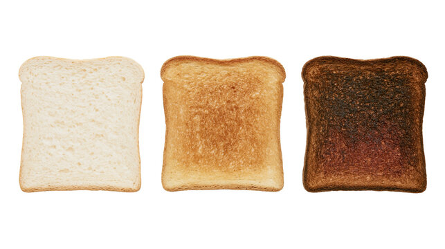 Three slices of bread untoasted toasted, and burnt