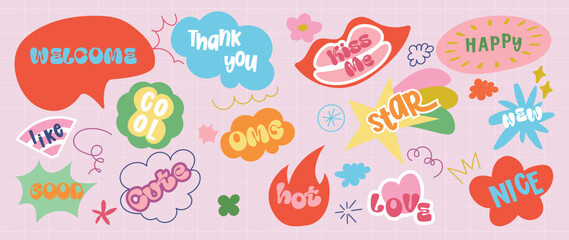 Fototapeta premium Speech bubble sticker vector set with retro typography, playful chat phrases, comic labels, arrows, splashes and cute doodle graphic elements