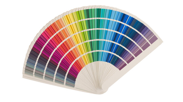 Color swatch fan with rainbow spectrum of paint samples