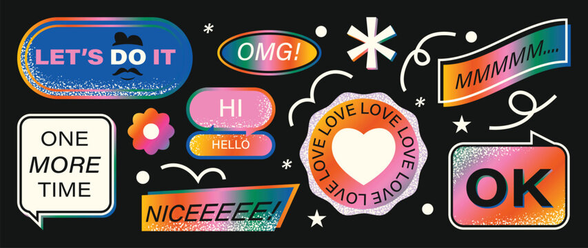 Speech bubble sticker vector set with colorful retro labels, playful typography, chat phrases, cute doodles and pop art graphic elements on dark background
