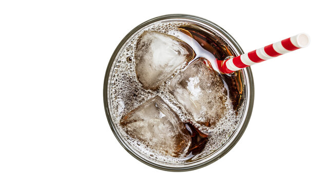 Glass of cola with ice cubes and red striped straw