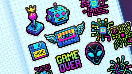 Fototapeta premium Vibrant neon retro-futuristic pixel art stickers with gaming symbols and colorful cyber shapes in a 90s style.